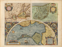 1116.  ABRAHAM ORTELIUS (1527-1598); JORIS HOEFNAGEL(1542-1601).Mapa de  "Carpetania, Guipúzcoa y bahía de Cádiz” ..
