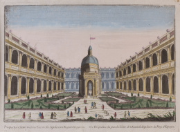 940.  ESCUELA FRANCESA, SIGLO XVIII“Prospectus clastri majoris Escurialis Sepulcrum Regum Hispaniae; Vue Perspective du gran Cloître de l´Escurial, Sepulture de Roys d´Espagne” (Escorial) y ”Prospectus Palatii Regii et viridariorum vulgo Buen Retiro in Hispani.