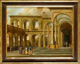 266.  VIVIANO CODAZZI (1603- 1670) DOMENICO GARGIULO, llamado MICO SPADARO(1609/12 -1675/79)Arquitectura fantástica con Cristo y la mujer adúltera..