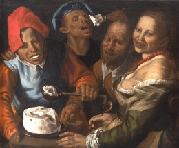 890.  VINCENZO CAMPI (Cremona, 1536-1591)Grupo de campesinos y campesina comiendo requesón en torno a una mesa.