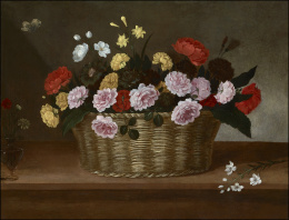 887.  PEDRO DE CAMPROBIN Y PASSANO (Almagro, 1605 - Sevilla 1674) Una cesta con rosas  amarillas y  rosas, peonías, narcisos, una rama de nardo y una copa de vidrio con rosas.