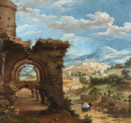 923.  FRANCISCO COLLANTES (Madrid, hacia 1599 - 1656)Paisaje con ruinas y personajesh. 1620..