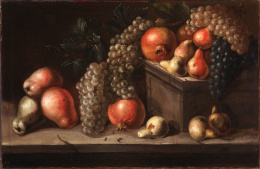 2028.  ATRIBUIDO A JUAN DE ESPINOSA (activo entre 1628 y 1659)“Bodegón con uvas, peras y granadas”.