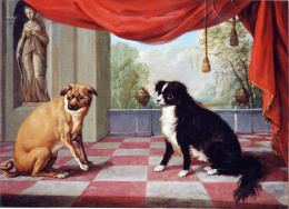 2052.  JAN VAN KESSEL III (Amberes, 1654- Madrid, 1708)“Dos perros en un interior con cortina roja y estatua de Diana cazadora”.