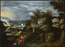 883.  MIGUEL LUNA, ACTIVO EN SEVILLA HACIA 1674“Paisaje con san Juan Bautista”.
