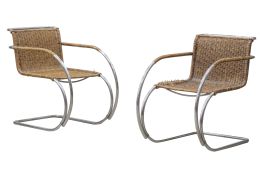 1416.  Ludwig Mies Van den Rohe (1886 - 1969).Pareja de sillones modelo MR20, en acero tubular niquelado y ratán. Fabricado h. 1927. Producción 1927-1930.Alemania, h. 1930.