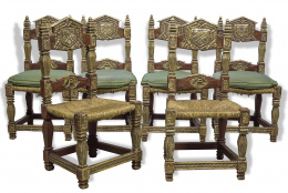 334.  Juego de seis sillas de madera tallada, lacada, dorada y asiento de enea,Trabajo español, S. XX..