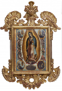 875.  ATRIBUIDO A MANUEL DE ARELLANO (h. 1663-1722)Virgen de Guadalupe con escenas de sus apariciones al indio Juan Diego y la ciudad de México con la Basílica Guadalupe en el Cerro de Tepeyac