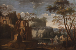 865.  ESCUELA MALLORQUINA, SIGLO XVIIPaisaje con ruinas y figuras a las orillas de un lago, al fondo un castillo sobre unas rocas