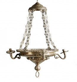 982.  Lampara votiva de plata Ley 925 de cuatro brazos. Trabajo español, S. XX.