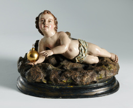 349.  Escuela española, segunda mitad del S. XVIII“Salvatoris Mundi” Madera tallada, policromada y dorada..