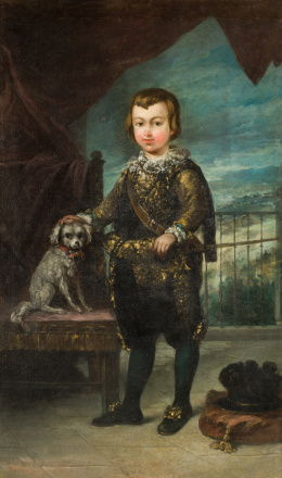 510.  EUGENIO LUCAS VELÁZQUEZ (Madrid, 1817 - 1870)Retrato del Príncipe Baltasar Carlos, de cuerpo entero, con un perro.