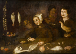 684.1.  ESCUELA ESPAÑOLA, SIGLO XVIIBodegón de cocina con figuras y gato.