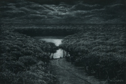 938.  TOMÁS SÁNCHEZ (Aguada de Pasajeros, Cuba, 1948)Paisaje con bosque y lago, 1997.