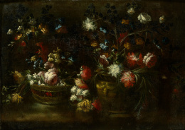 959.  MARGARITA CAFFI (Cremona, siglo XVII)Cesto y jarrón de flores en un paisaje..