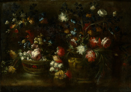 959.  MARGARITA CAFFI (Cremona, siglo XVII)Cesto y jarrón de flores en un paisaje..