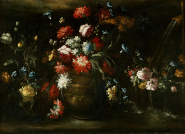 960.  MARGARITA CAFFI (Cremona, siglo XVII)Jarrón de flores junto a una fuente..