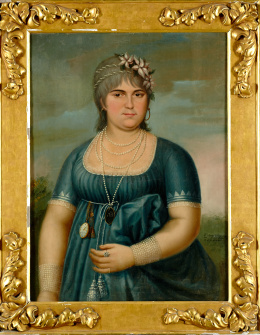 769.  LUIS DE LA CRUZ Y RÍOS (1776- 1853)Retrato de Doña María Dolores Barrero y Lastiry, de medio cuerpo en un paisaje..