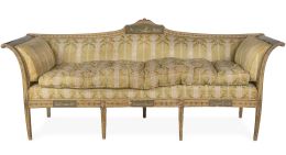 1118.  Sofá neoclásico Carlos IV en madera tallada y policromada, la crestería y friso incorporando un paisaje en el gusto pompeyano.España, último cuarto del S.XVIII.