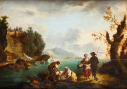 891.  ANDRÉS CORTÉS Y AGUILAR (Sevilla, 1810-1879)Pareja de paisajes fluviales con figuras.