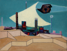943.  OSCAR DOMÍNGUEZ (La Laguna, Tenerife, 1906 - París, 1957)“Suburbio con vela”, 1957.