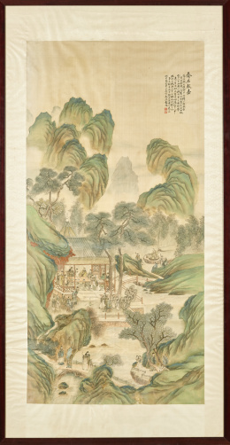 1153.  “Paisaje con personajes” tinta y color sobre seda con poema con dos sellos firmando Peng Yang.Dinastía Qing ff. S. XVIII - pp. S. XIX.