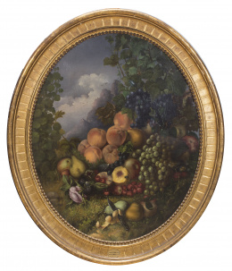 951.  ESCUELA ESPAÑOLA, SIGLO XIXBodegón albaricoques, uvas, peras, manzanas y rosa sobre un paisaje montañoso.