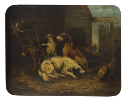 950.  MANUEL SÁNCHEZ RAMOS (Sevilla, mediados del siglo XIX)“Perros en el interior de un gallinero” y “Perros en el interior de un palomar”