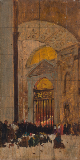 829.  SEGUIDOR DE JENARO PÉREZ VILLAMIL (Escuela española, siglo XIX)Procesión en el interior de una iglesia, boceto..