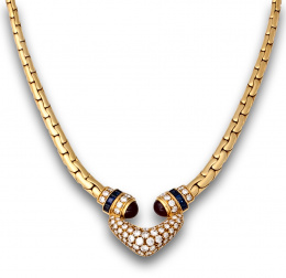 664.  Gargantilla con centro a modo de corazón de pavé de brillantes con cabuchones de rubí y zafiros calibrados.