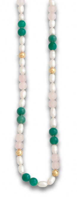 655.  Collar de cuentas de perlas,ágatas,cuarzos rosas y oro de 18k.