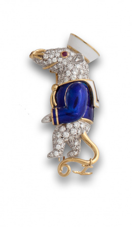 119.  Broche en forma de ratón marinero con brillantes, esmalte azul y ojo de rubí.