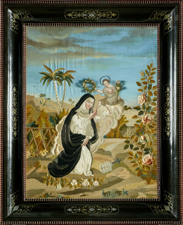 380.  Bordado a pintura.Santa Rosa de Lima.Trabajo conventual, S. XIX.