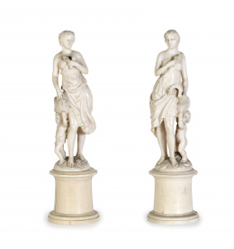 793.   “La Agricultura” y “La Primavera”. Pareja de esculturas en marfil tallado.Francia, Dieppe, S. XIX.