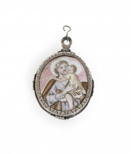396.  “San José y el Niño”, marco de plata, rematado por cordoncillo y flores y esmalte, ff. del S. XVIII - pp. del S. XIX.