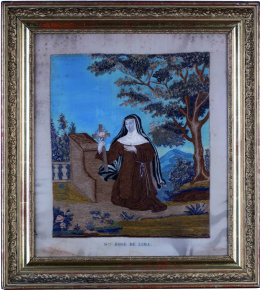 402.  “Santa Rosa de Lima”Bordado a pintura, con grabado coloreado, sobre pintura.Trabajo francés, S. XIX.
