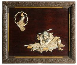 1169.  Panel decorativo, con marfil aplicado.Trabajo japonés, época Meiji, S. XIX.