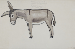 927.  ANGELINA BELOFF (San Petersburgo, 1879 - Ciudad de México, 1969)Burro-juguete de genero con movimiento de la cabeza y de las orejas sujetados por medio de alambre y rueditas de oja de lata.