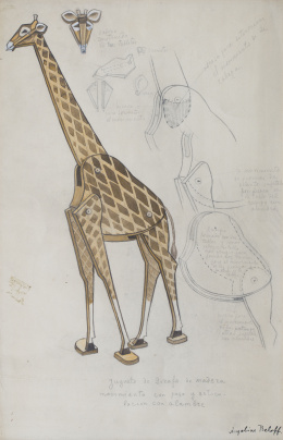 926.  ANGELINA BELOFF (San Petersburgo, 1879 - Ciudad de México, 1969)Juguete de jirafa de madera con peso y articulaciones con alambres..