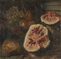 346.  ATRIBUIDO A JUAN DE ESPINOSA  (1605/10-1671)Bodegón con sandías, pan, uvas, manzanas y peras.