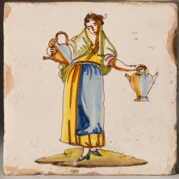 983.  “Campesina con botijos”, azulejo en cerámica esmaltada.Manises, S. XIX.