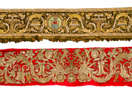 1003.   Paño con blasón de caballero en terciopelo con bordado de aplicación y decoración de hojas de acanto y copas.Trabajo español, S. XVII..