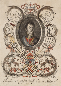 956.  ESCUELA ESPAÑOLA, SIGLO XIXRetrato de Fernando VII en orla caligráfica.