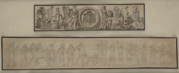 955.  José del Castillo (1737-1793) y Joseph Llovera (1846-1896). Pareja de dibujos con Alegoría de las Artes y Escena etrusca..