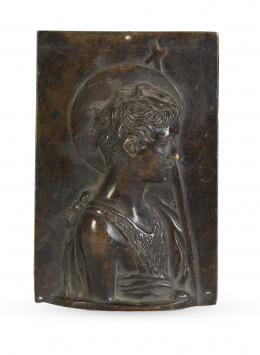 535.  “San Juan Bautista Niño”.Placa de bronce en su color.Trabajo italiano, S. XVII.