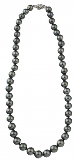453.  Collar de 47 perlas de Tahití de intenso oriente, con cierre de brillantes en oro blanco de 18K