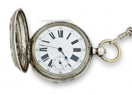 694.  Reloj saboneta en plata GROSJEAN s XIX con leontina de plata y llave.