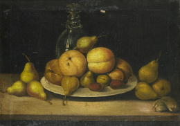 932.  RUIZ (Escuela española, S. XIX)Bodegón: plato con melocotones y peras con una garrafa sobre una mesa..