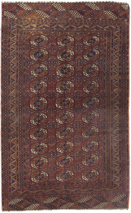 427.  Alfombra Bucara de campo granate y elementos geométricos.Persia, ffs. del S. XIX.