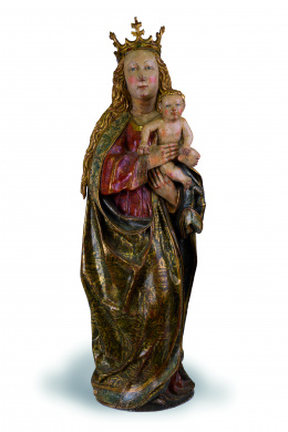 1099.  “Virgen con el Niño”Escultura de estilo gótico tardío dentro de la corriente hispano-flamenca en madera tallada, policromada y dorada. Escuela Castellana, ffs. S. XV.